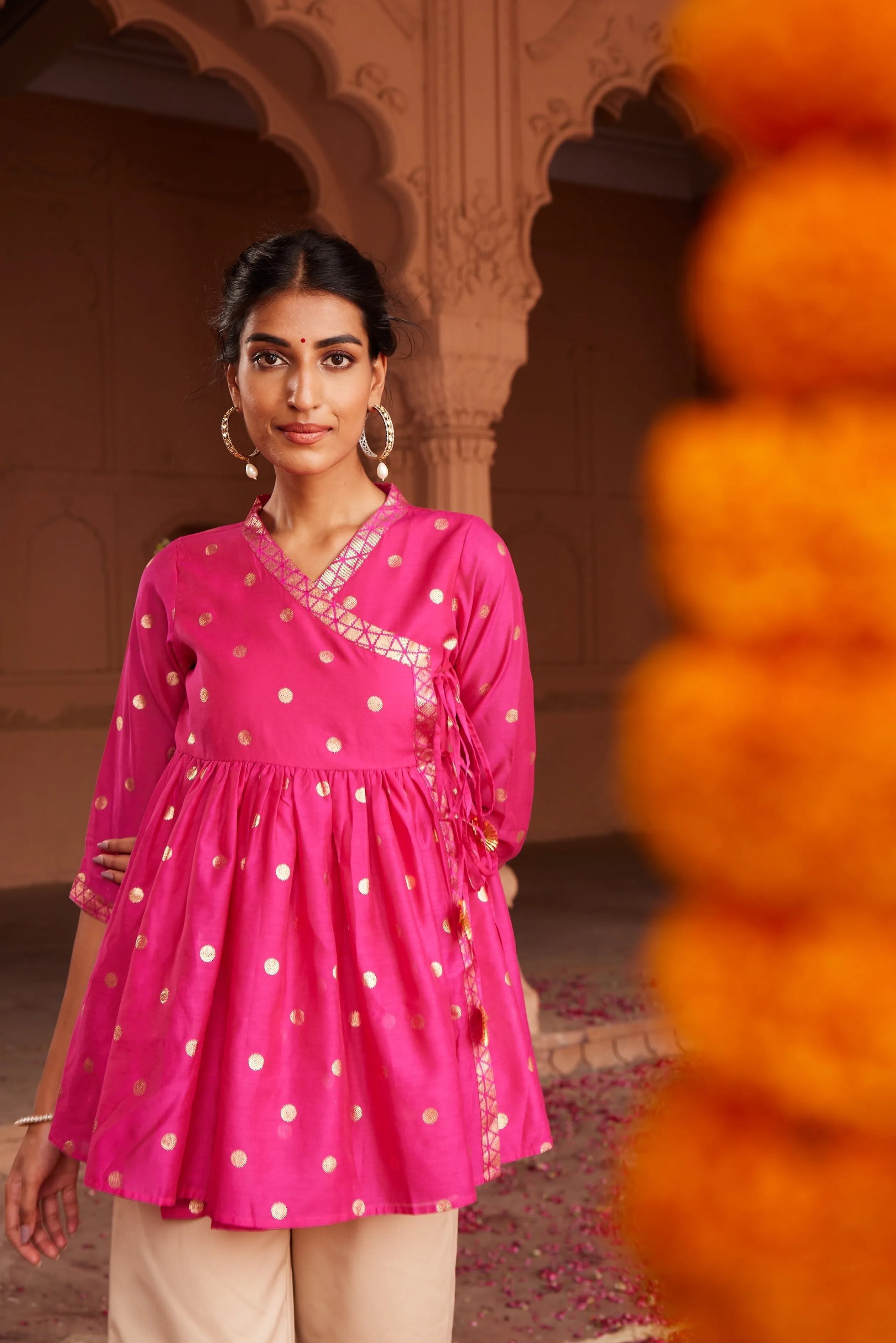 Pink Chanderi Printed Angrakha Style Tunic