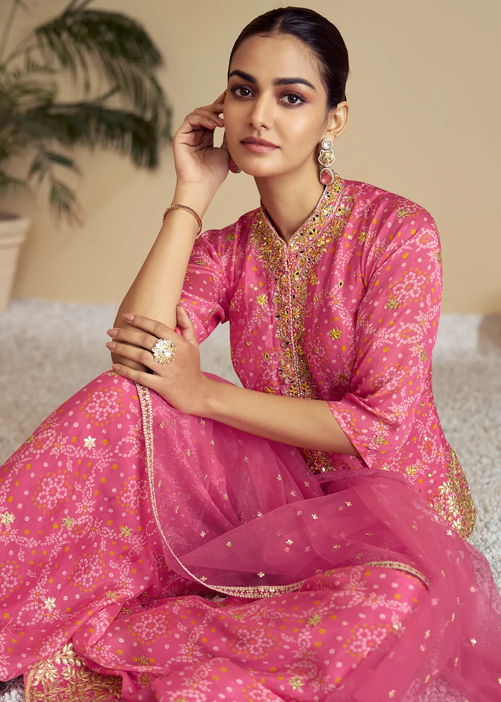 Pink Embroidered Kurti Style Palazzo Style Suit