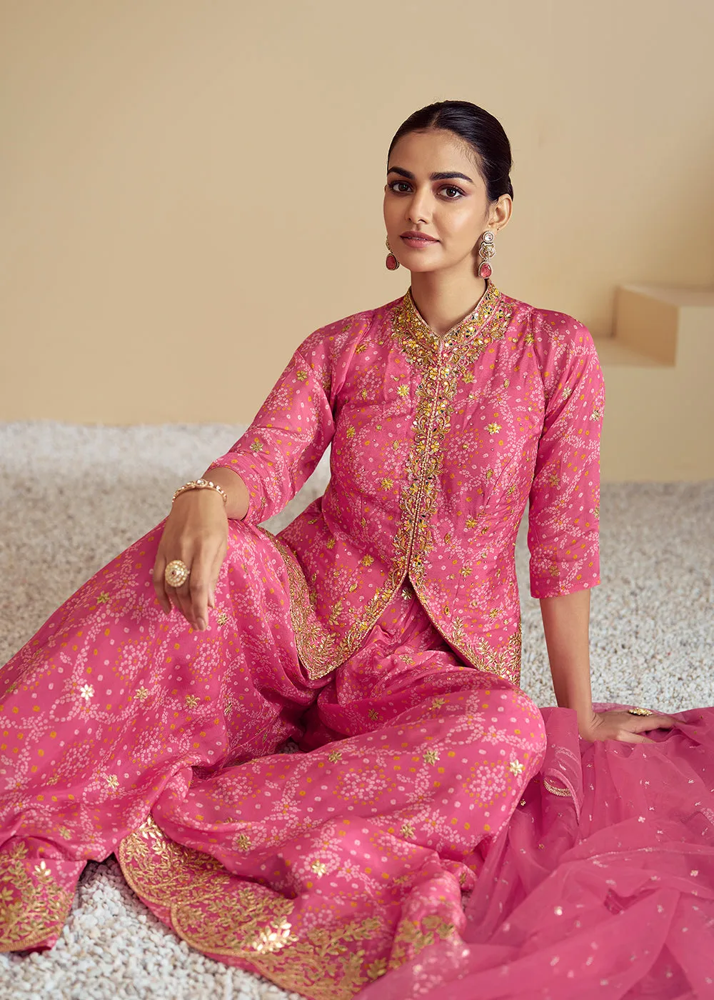 Pink Embroidered Kurti Style Palazzo Style Suit
