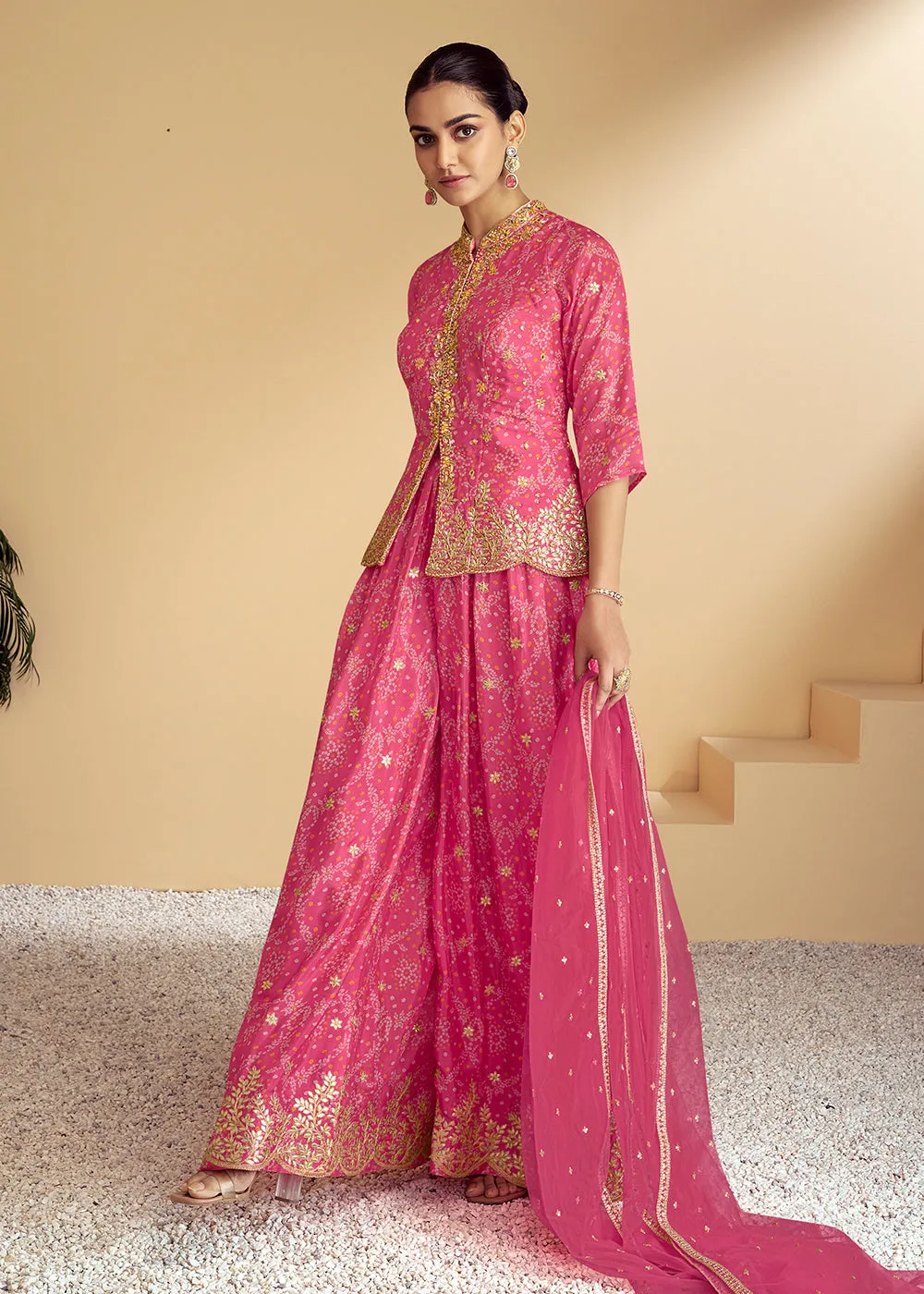 Pink Embroidered Kurti Style Palazzo Style Suit