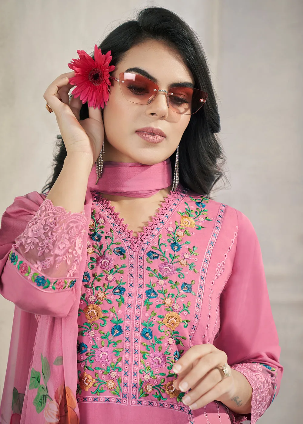 Pink Roman Silk Embroidered Festive Salwar Kurta Suit