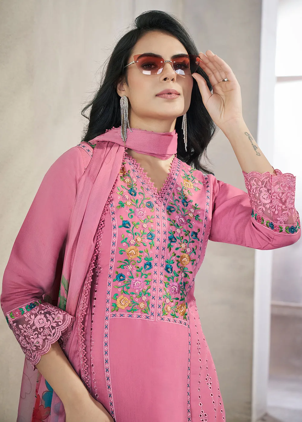 Pink Roman Silk Embroidered Festive Salwar Kurta Suit