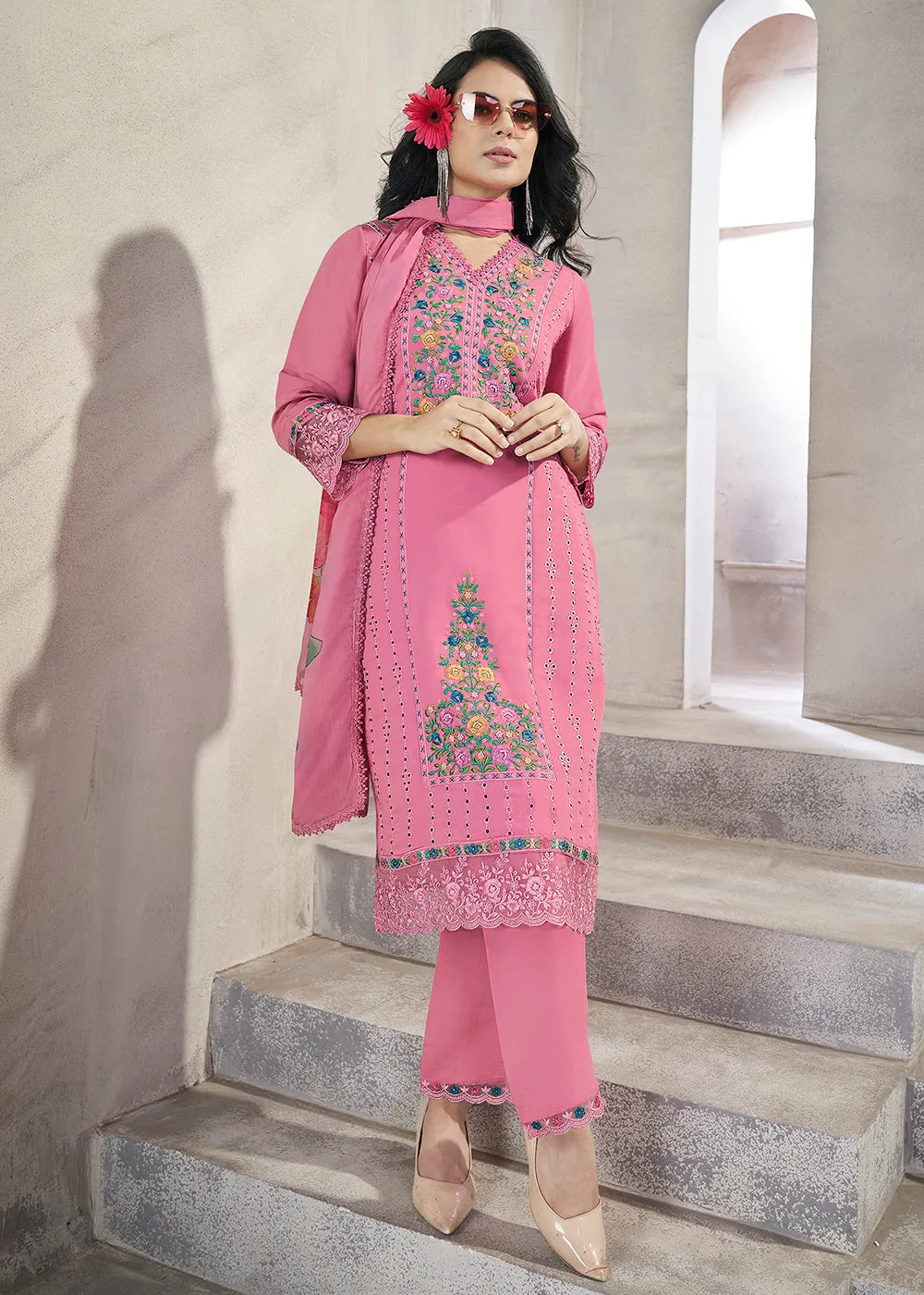 Pink Roman Silk Embroidered Festive Salwar Kurta Suit