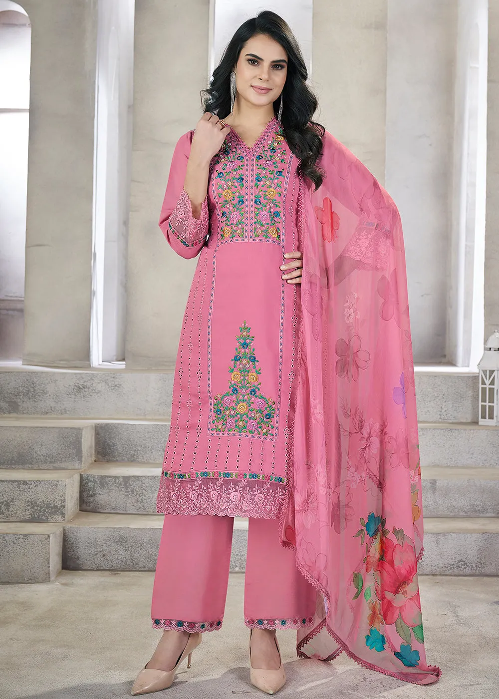 Pink Roman Silk Embroidered Festive Salwar Kurta Suit