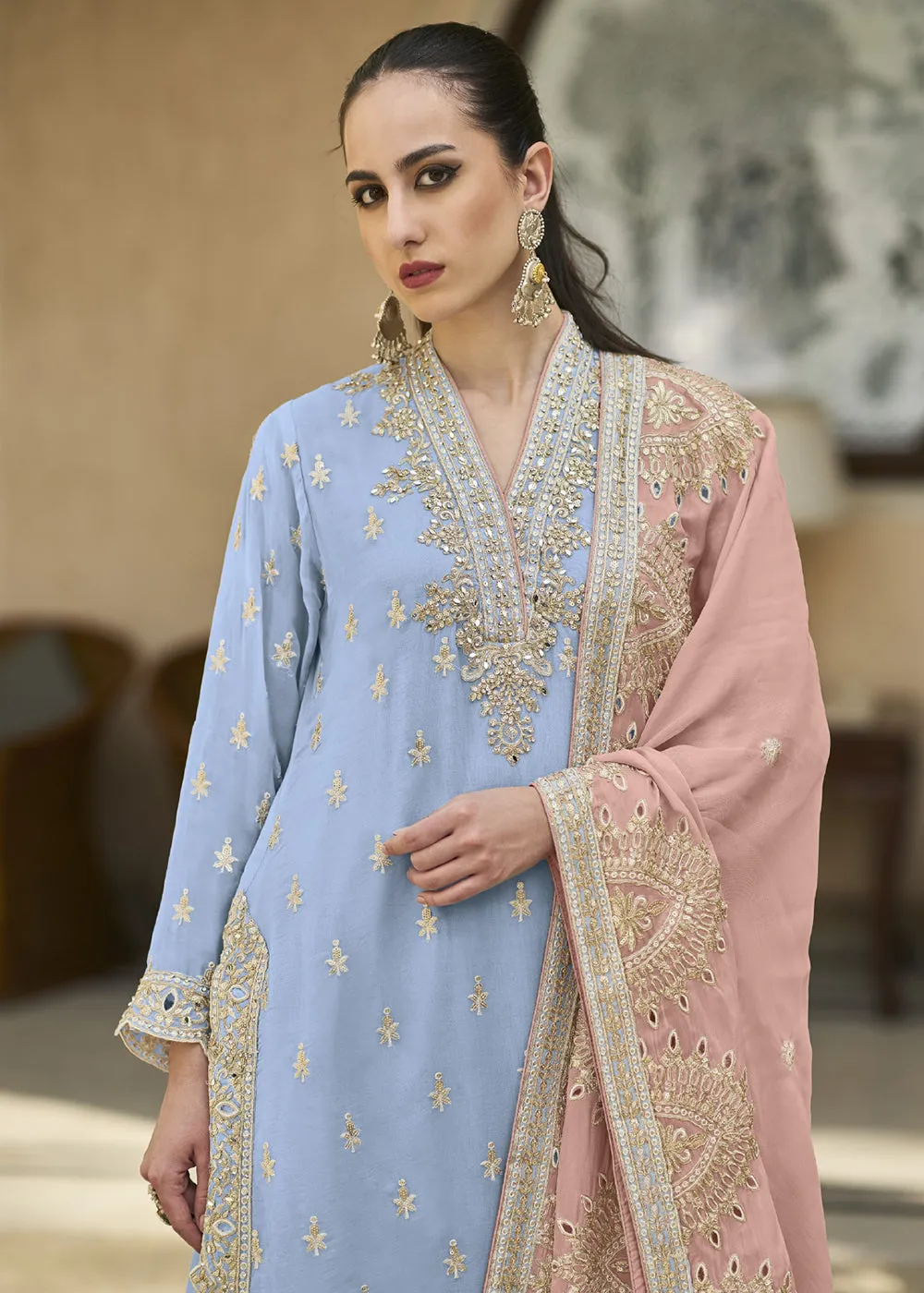Powder Blue Semi Chiffon Pakistani Style Palazzo Suit