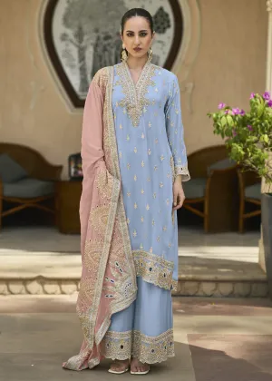 Powder Blue Semi Chiffon Pakistani Style Palazzo Suit