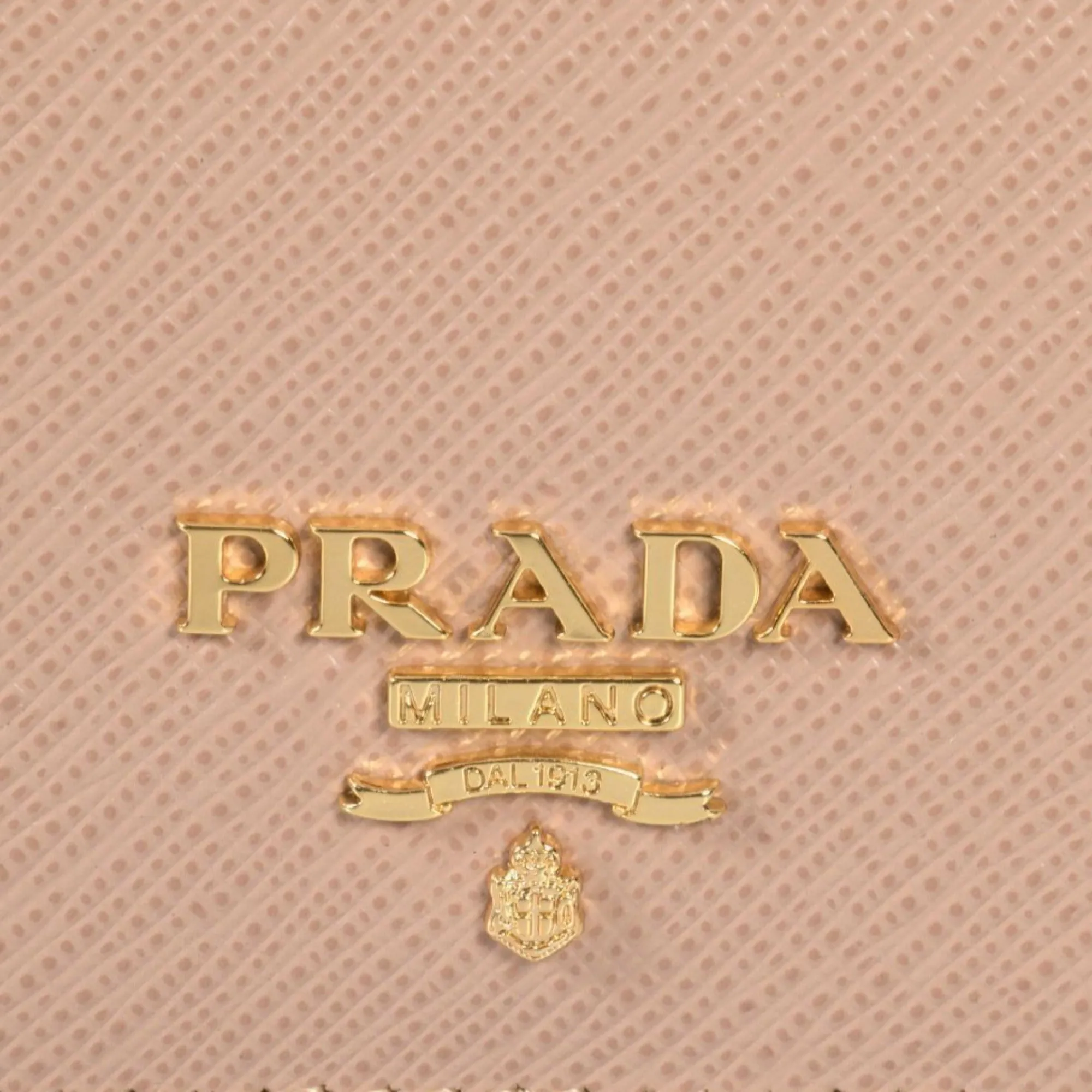 Prada Saffiano Leather Credit Card Holder Wallet Cammeo Beige Gold Logo