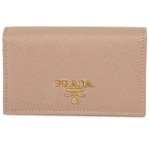 Prada Saffiano Leather Credit Card Holder Wallet Cammeo Beige Gold Logo