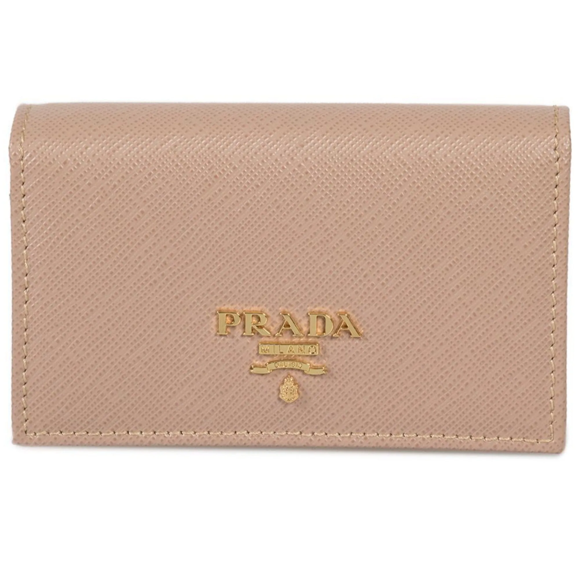 Prada Saffiano Leather Credit Card Holder Wallet Cammeo Beige Gold Logo