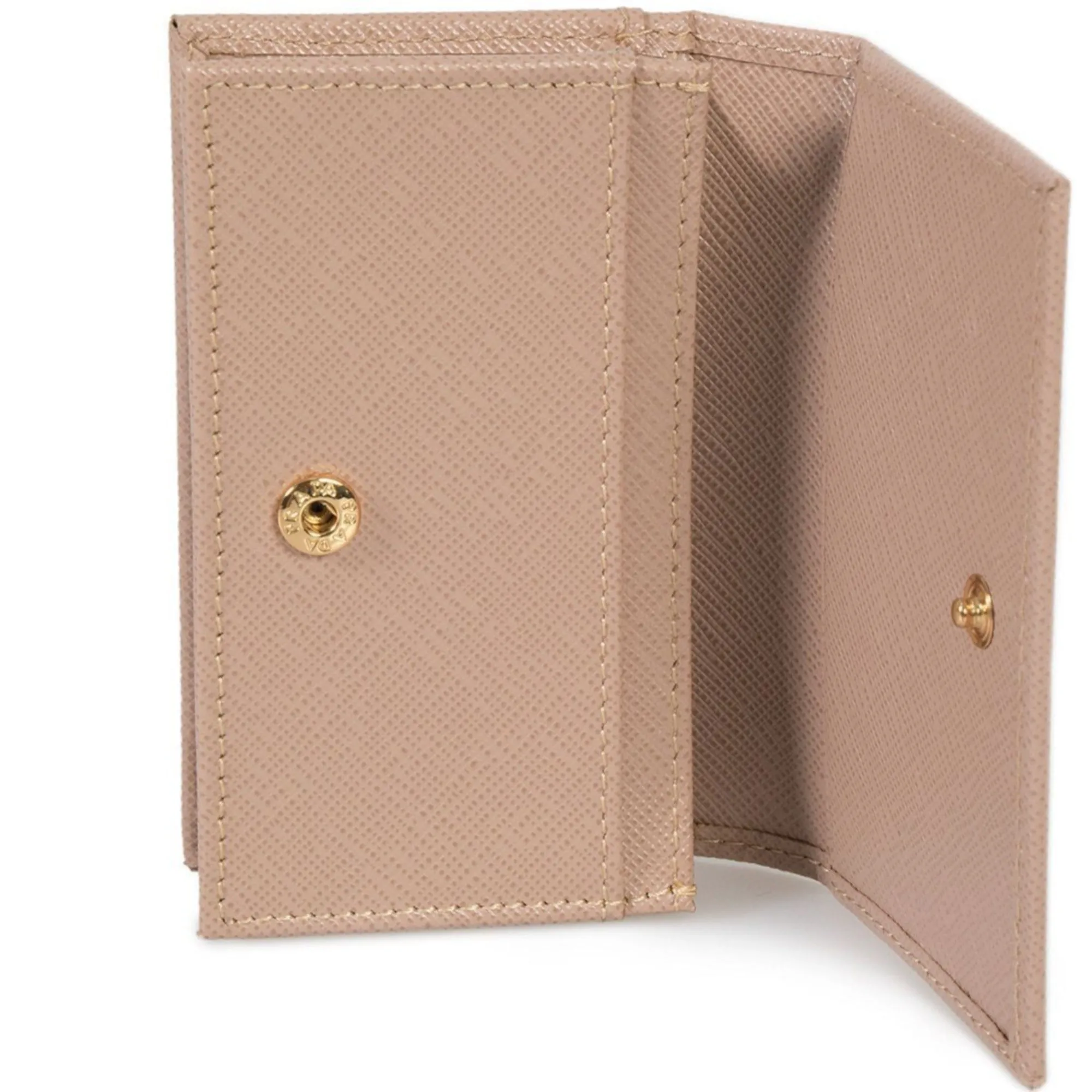 Prada Saffiano Leather Credit Card Holder Wallet Cammeo Beige Gold Logo