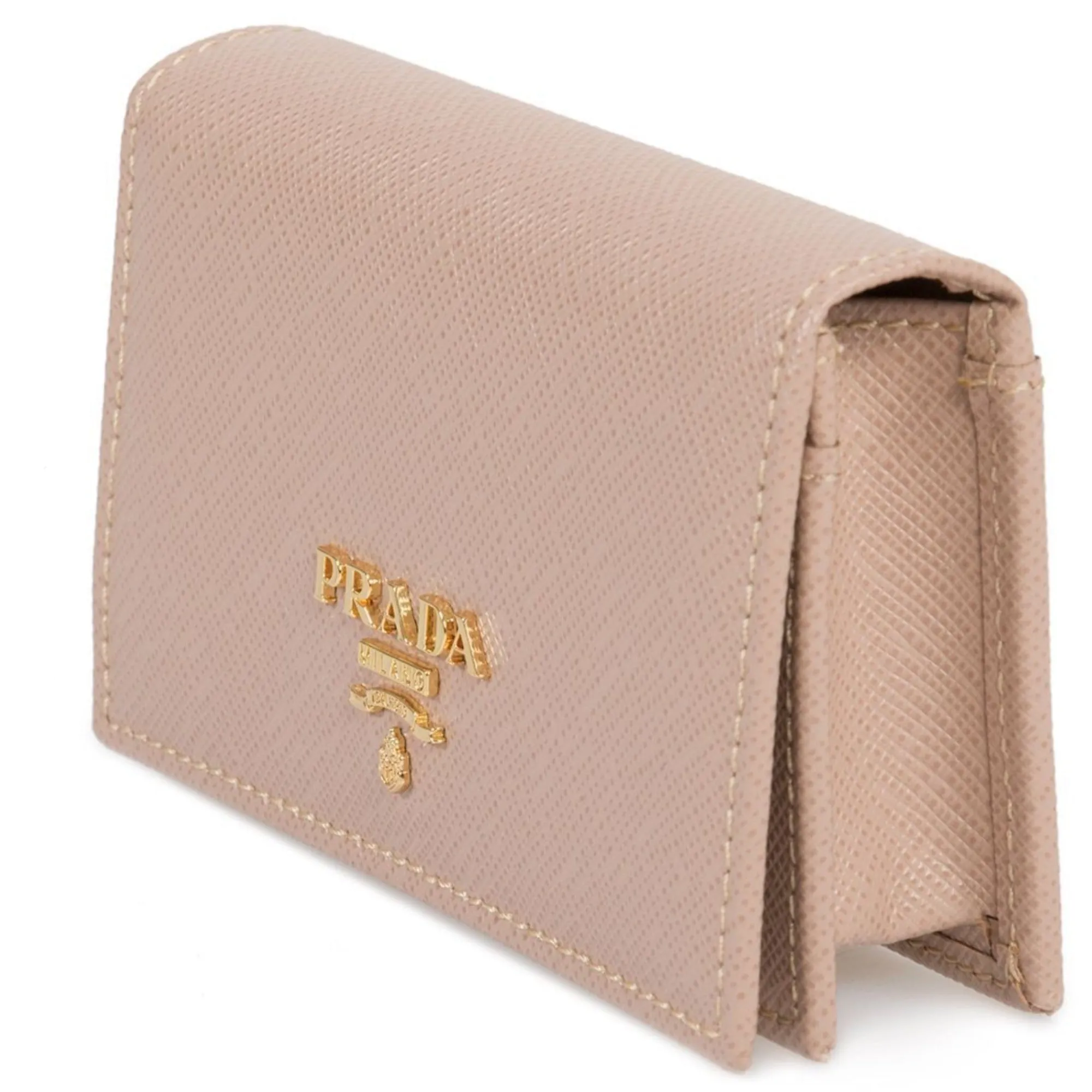 Prada Saffiano Leather Credit Card Holder Wallet Cammeo Beige Gold Logo