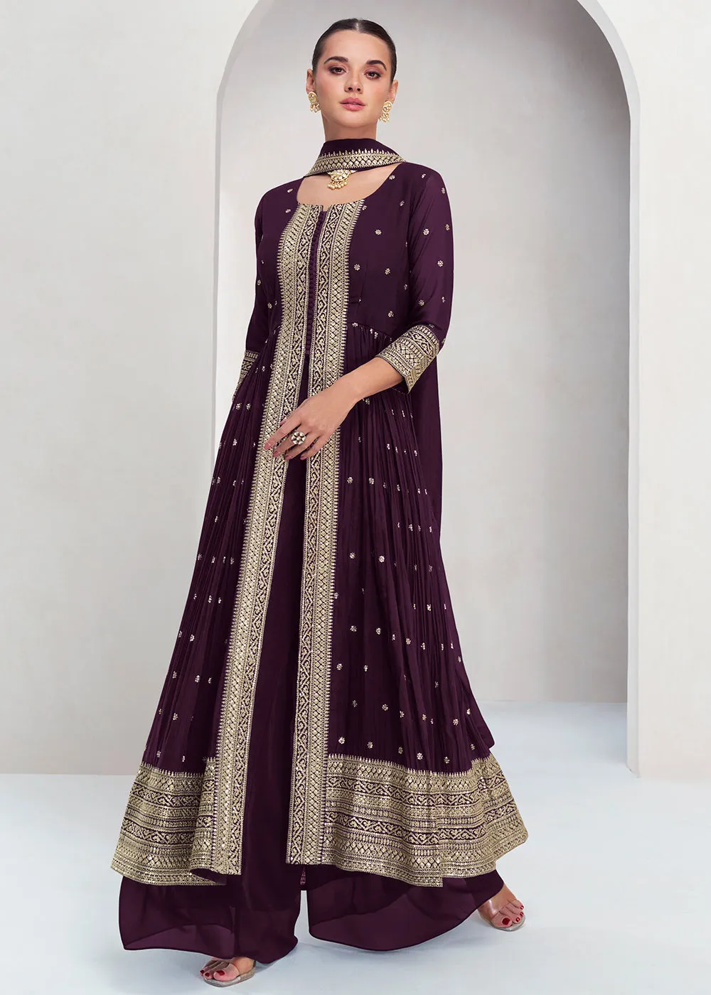 Pretty Purple Georgette Embroidered Slit Style Palazzo Suit