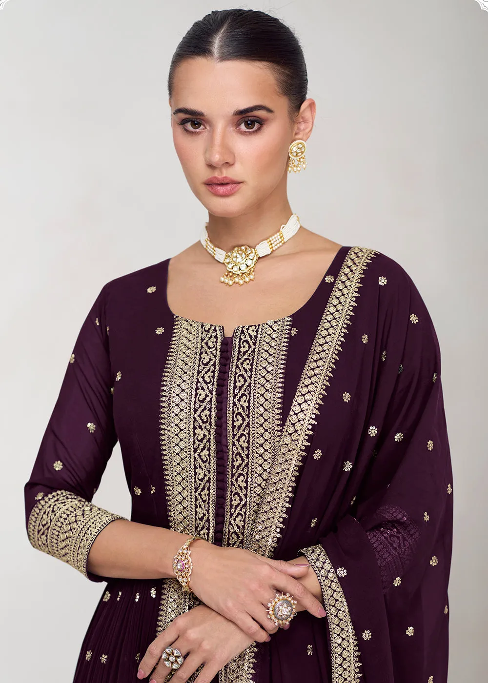 Pretty Purple Georgette Embroidered Slit Style Palazzo Suit