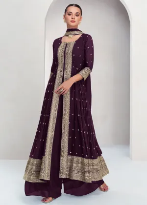 Pretty Purple Georgette Embroidered Slit Style Palazzo Suit