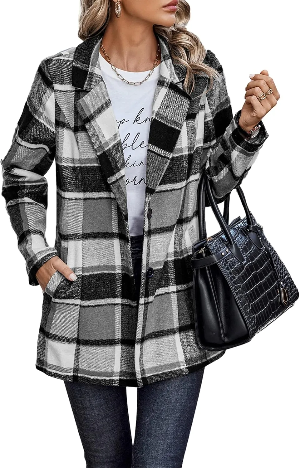 PRETTYGARDEN Women's Plaid Shacket Jacket Trendy Casual Button Wool Blend Winter Tartan Trench Coat with Pockets