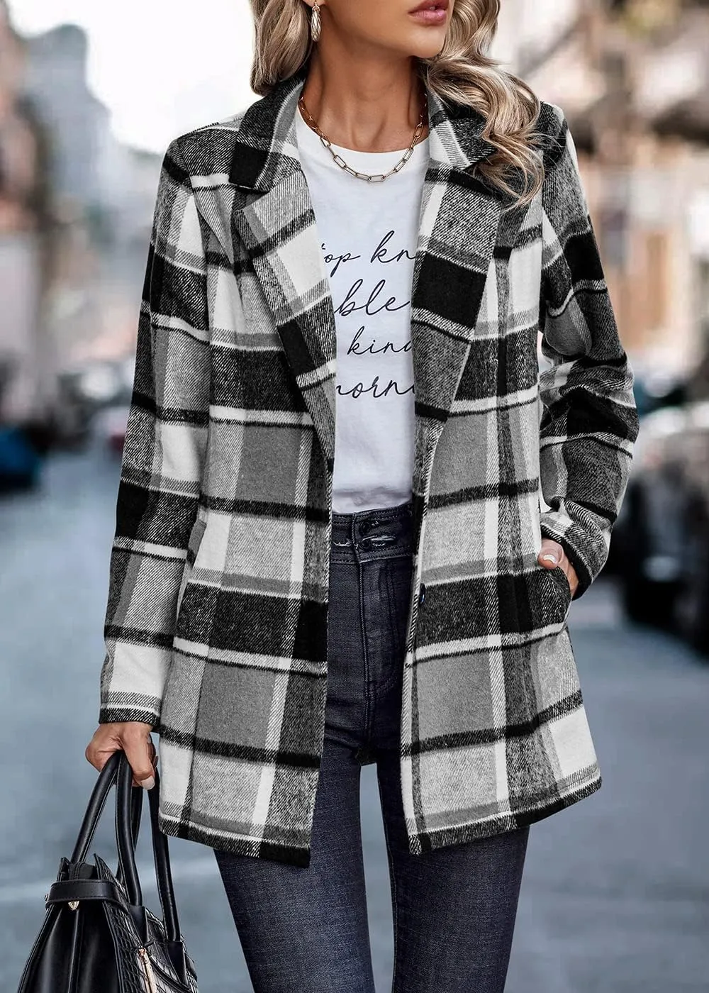 PRETTYGARDEN Women's Plaid Shacket Jacket Trendy Casual Button Wool Blend Winter Tartan Trench Coat with Pockets