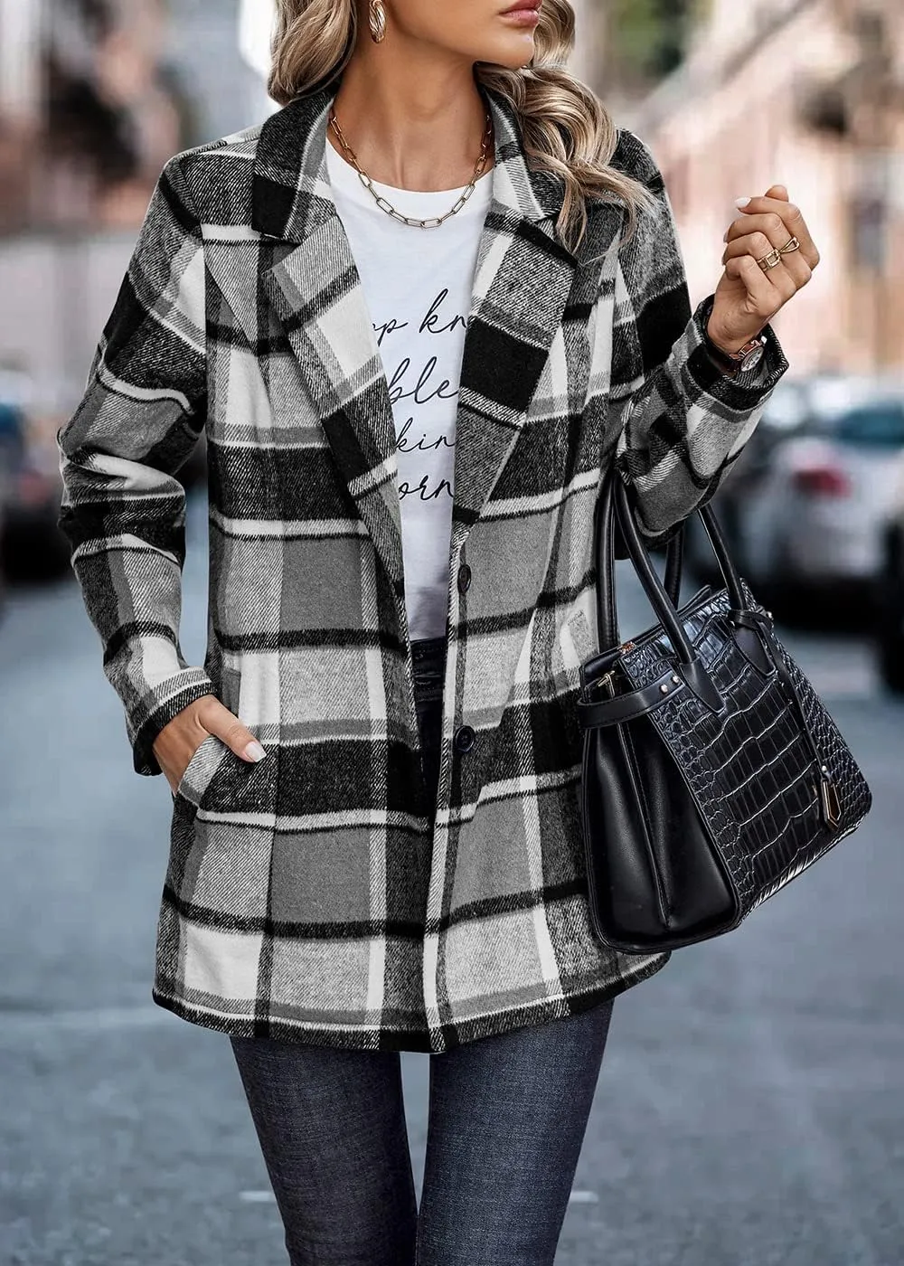 PRETTYGARDEN Women's Plaid Shacket Jacket Trendy Casual Button Wool Blend Winter Tartan Trench Coat with Pockets
