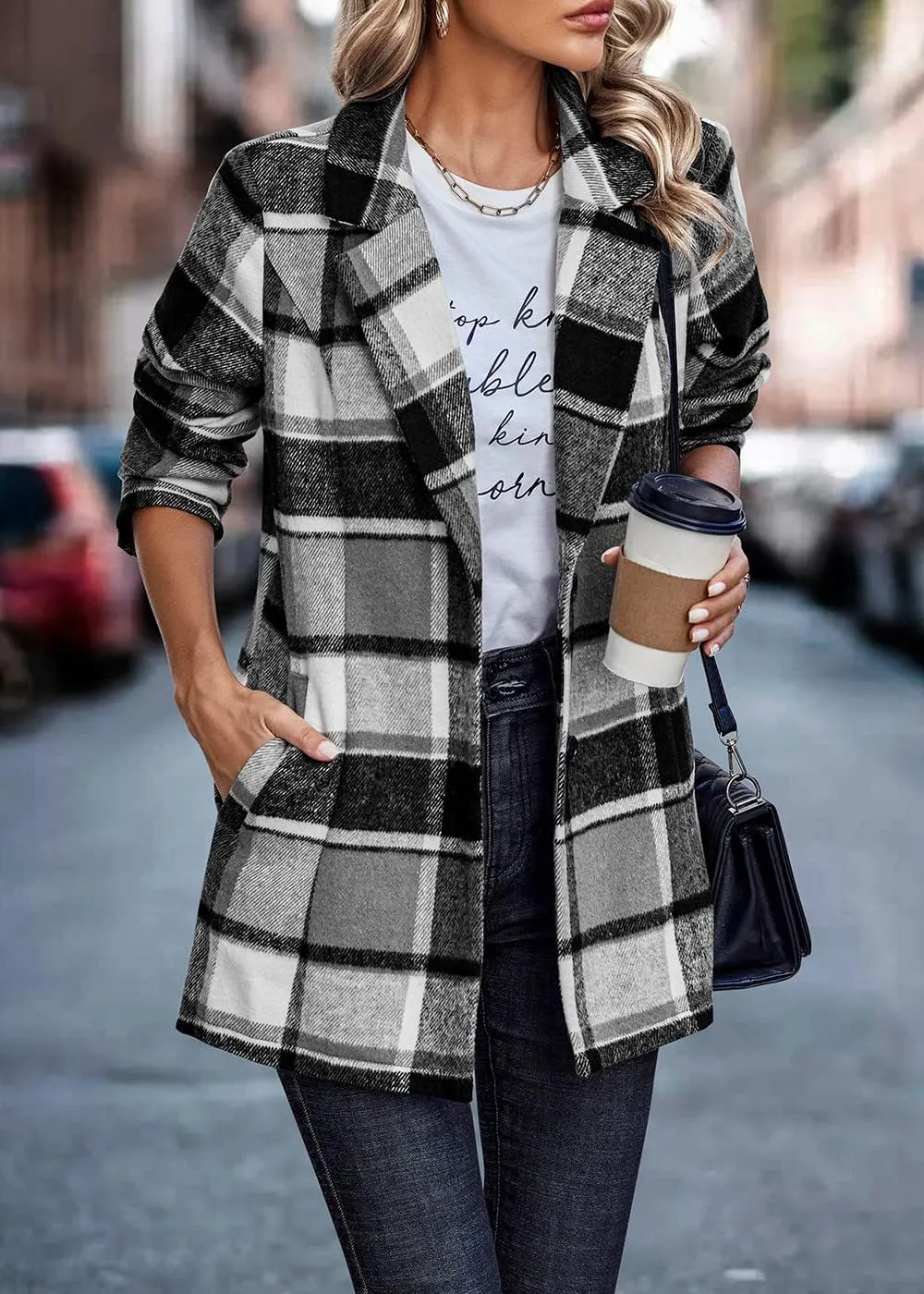 PRETTYGARDEN Women's Plaid Shacket Jacket Trendy Casual Button Wool Blend Winter Tartan Trench Coat with Pockets
