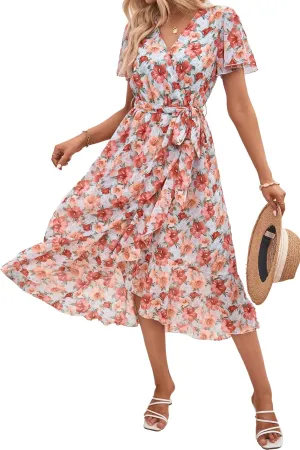 PRETTYGARDEN Women's Summer Floral Boho Maxi Dress Wrap Short Sleeve V Neck Ruffle A-Line Flowy Wedding Guest Long Dresses