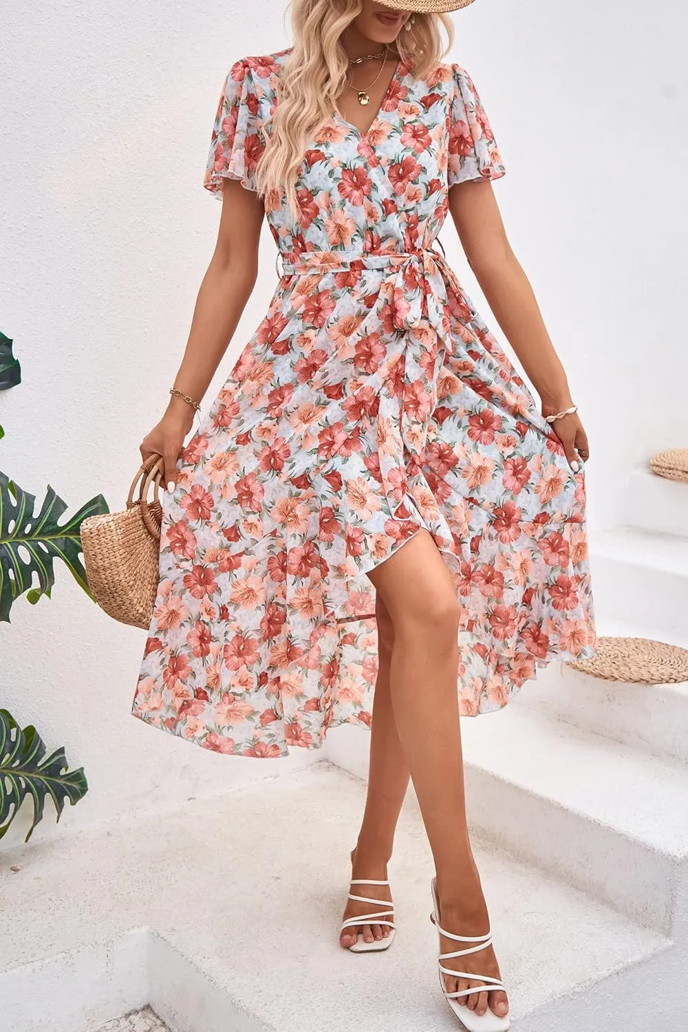 PRETTYGARDEN Women's Summer Floral Boho Maxi Dress Wrap Short Sleeve V Neck Ruffle A-Line Flowy Wedding Guest Long Dresses