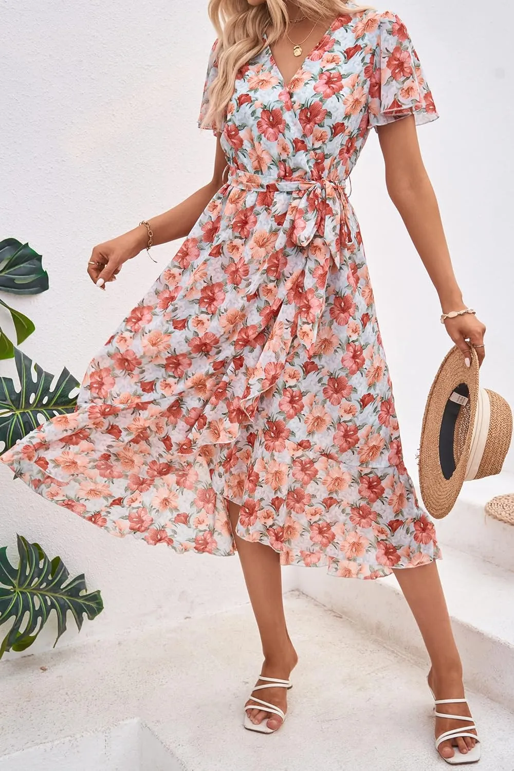 PRETTYGARDEN Women's Summer Floral Boho Maxi Dress Wrap Short Sleeve V Neck Ruffle A-Line Flowy Wedding Guest Long Dresses