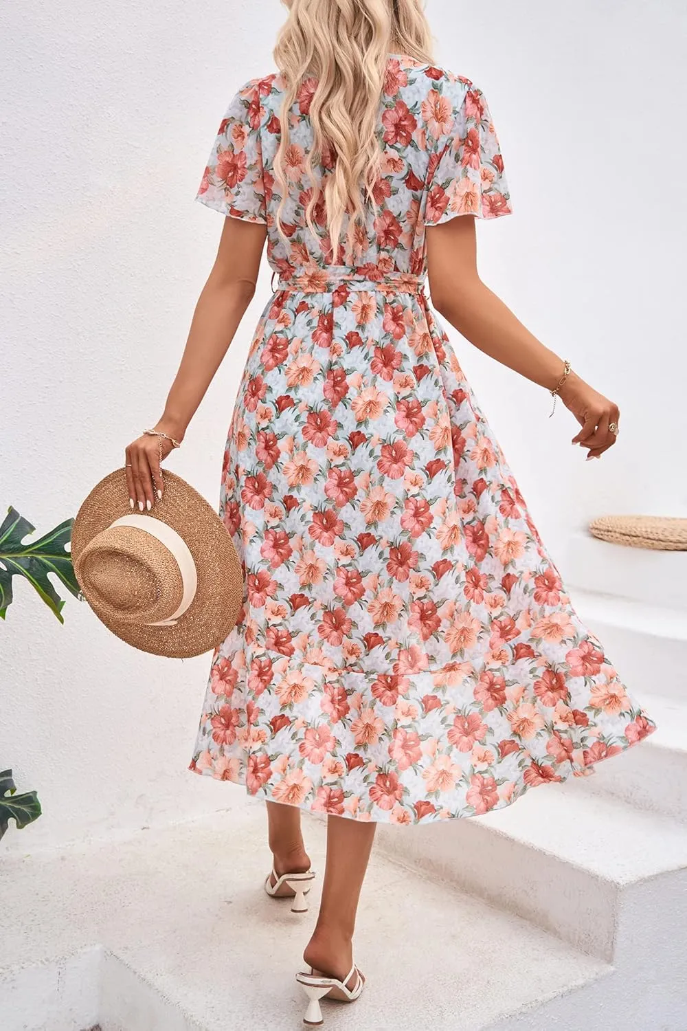 PRETTYGARDEN Women's Summer Floral Boho Maxi Dress Wrap Short Sleeve V Neck Ruffle A-Line Flowy Wedding Guest Long Dresses