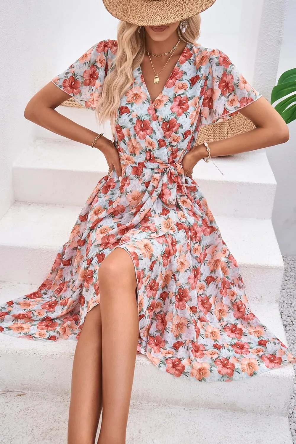 PRETTYGARDEN Women's Summer Floral Boho Maxi Dress Wrap Short Sleeve V Neck Ruffle A-Line Flowy Wedding Guest Long Dresses