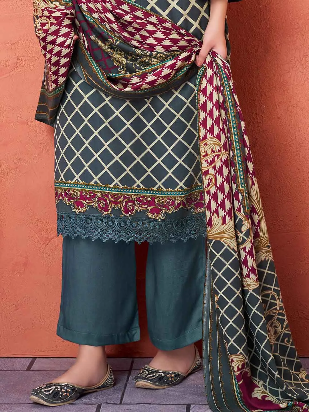 Printed Grey Unstitched Pashmina Winter Suit Dress Material for Women