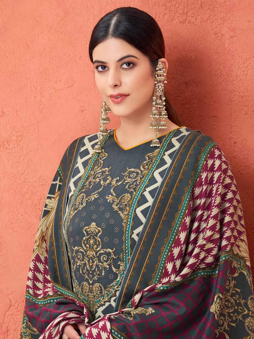 Printed Grey Unstitched Pashmina Winter Suit Dress Material for Women