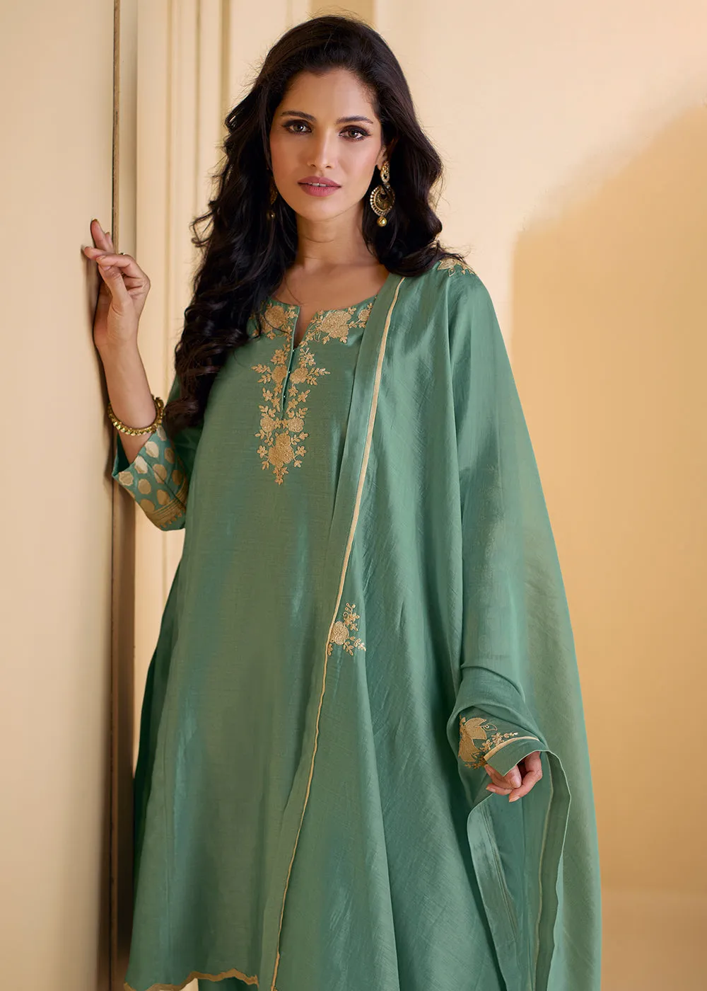 Pure Real Silk Green Embroidered Festive Pant Style Suit