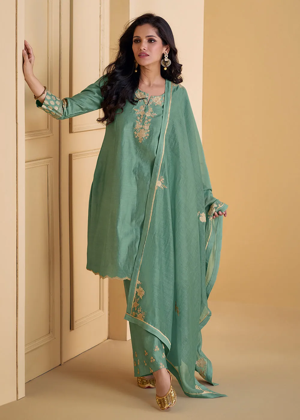Pure Real Silk Green Embroidered Festive Pant Style Suit