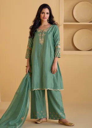 Pure Real Silk Green Embroidered Festive Pant Style Suit