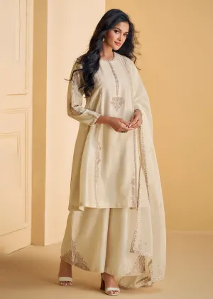 Pure Real Silk White Embroidered Festive Palazzo Style Suit