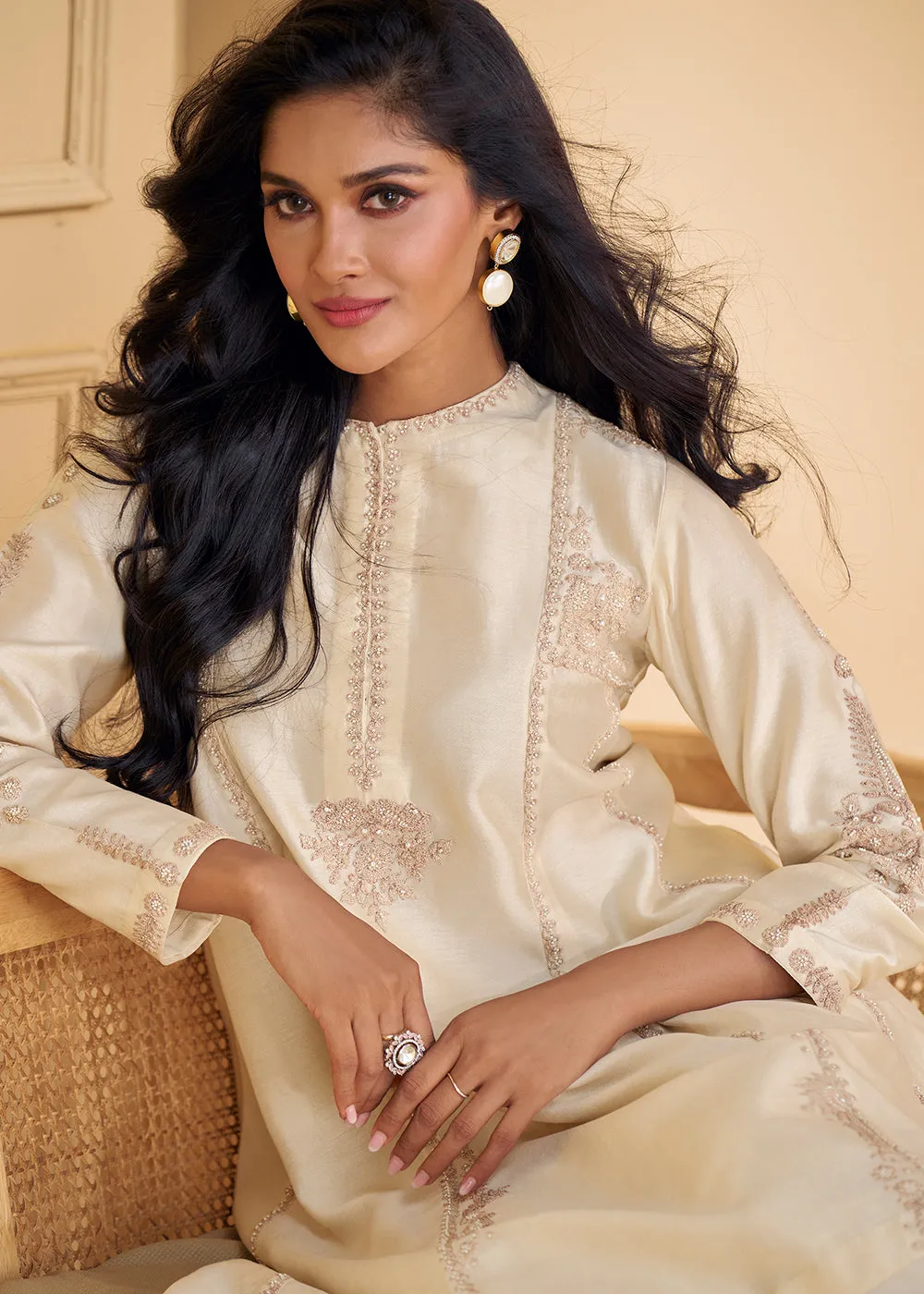 Pure Real Silk White Embroidered Festive Palazzo Style Suit