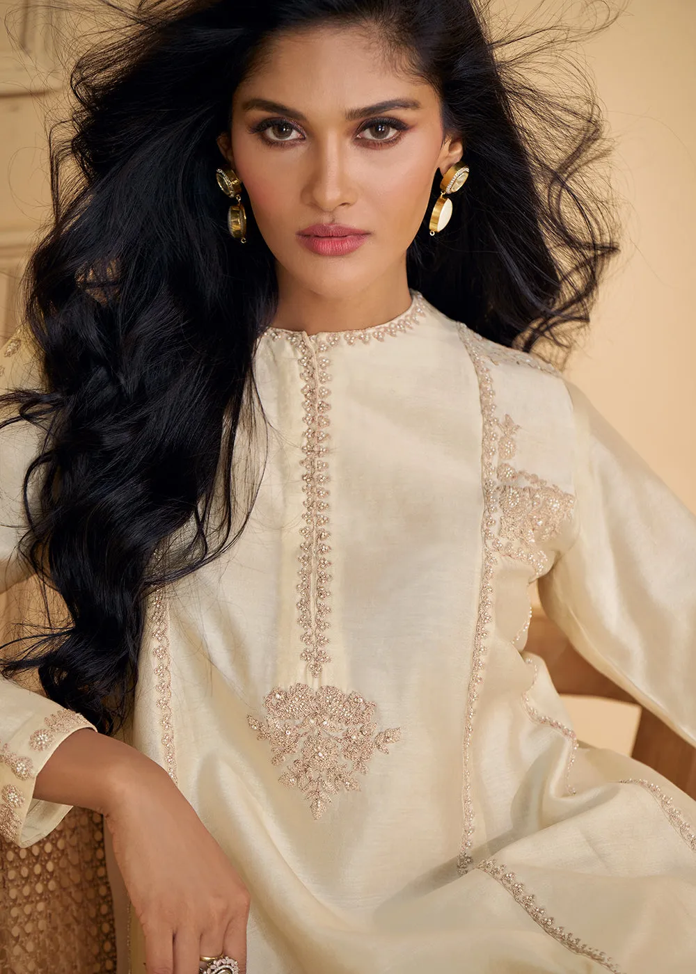 Pure Real Silk White Embroidered Festive Palazzo Style Suit