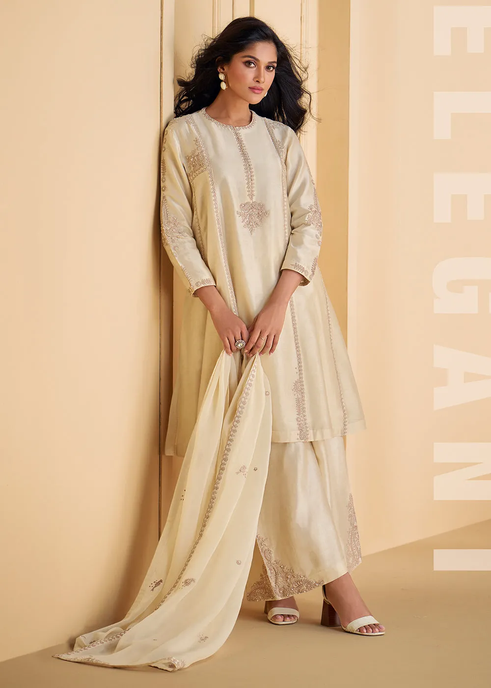 Pure Real Silk White Embroidered Festive Palazzo Style Suit