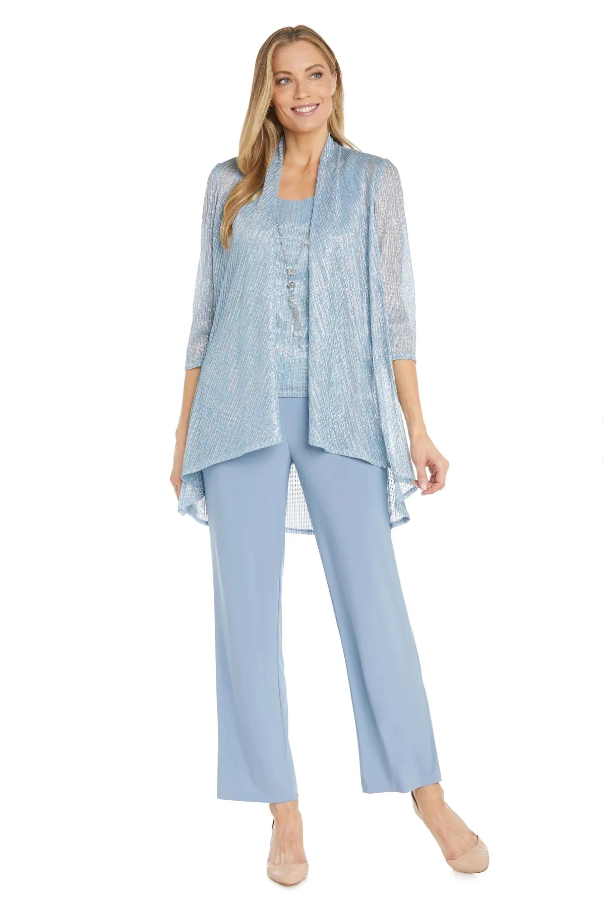 R&M Richards Women's Three Piece Metallic Crinkle Duster Mother of the Bride Pantsuit