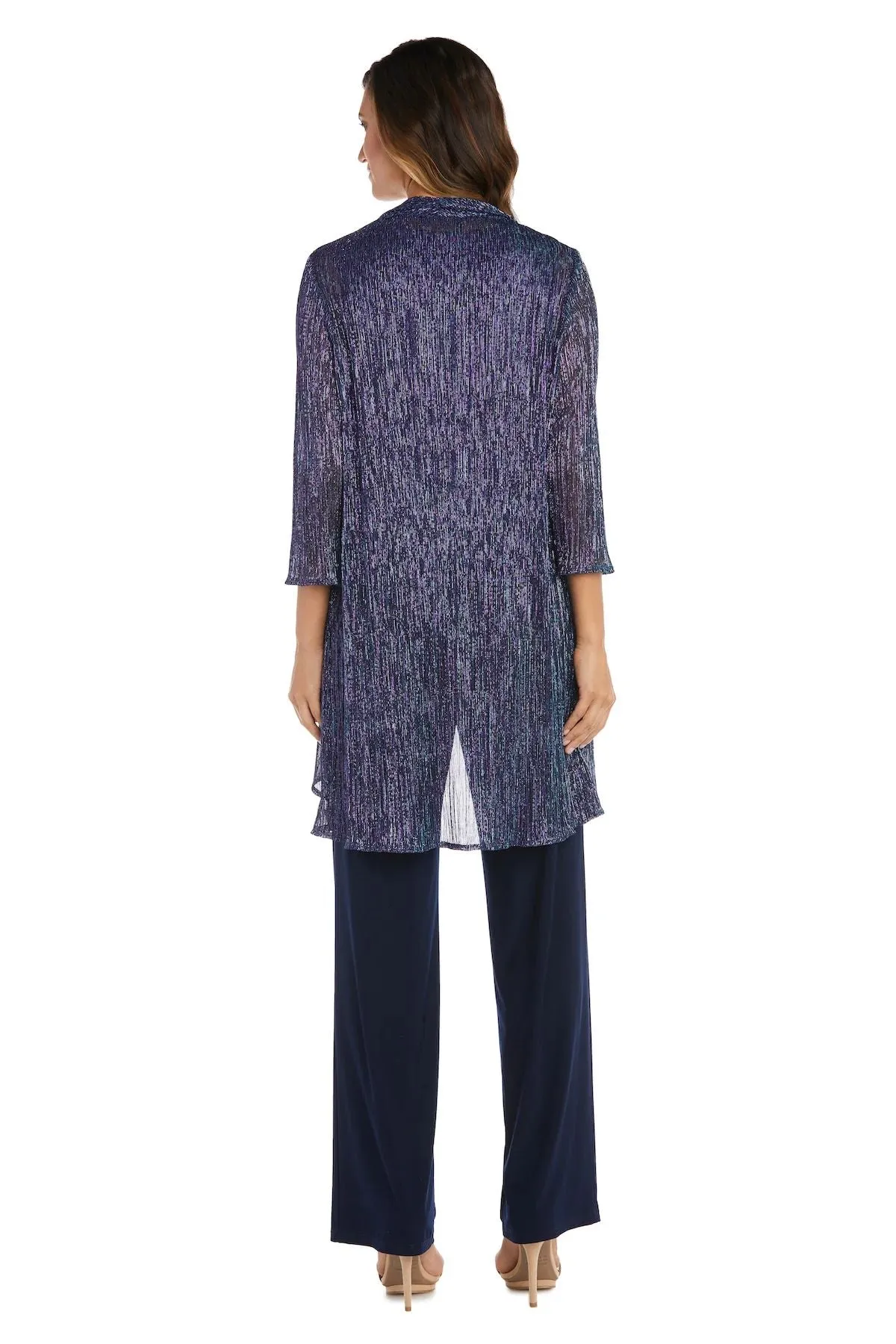 R&M Richards Women's Three Piece Metallic Crinkle Duster Mother of the Bride Pantsuit