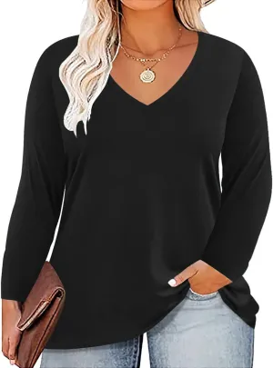 ROSRISS Plus Size Tops for Women Long Sleeve Tees V Neck Tunics Solid Color Blouse T Shirts