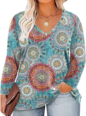 ROSRISS Plus Size Tops for Women Long Sleeve Tees V Neck Tunics Solid Color Blouse T Shirts