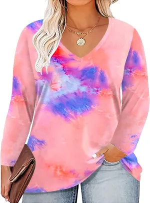 ROSRISS Plus Size Tops for Women Long Sleeve Tees V Neck Tunics Solid Color Blouse T Shirts