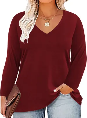 ROSRISS Plus Size Tops for Women Long Sleeve Tees V Neck Tunics Solid Color Blouse T Shirts