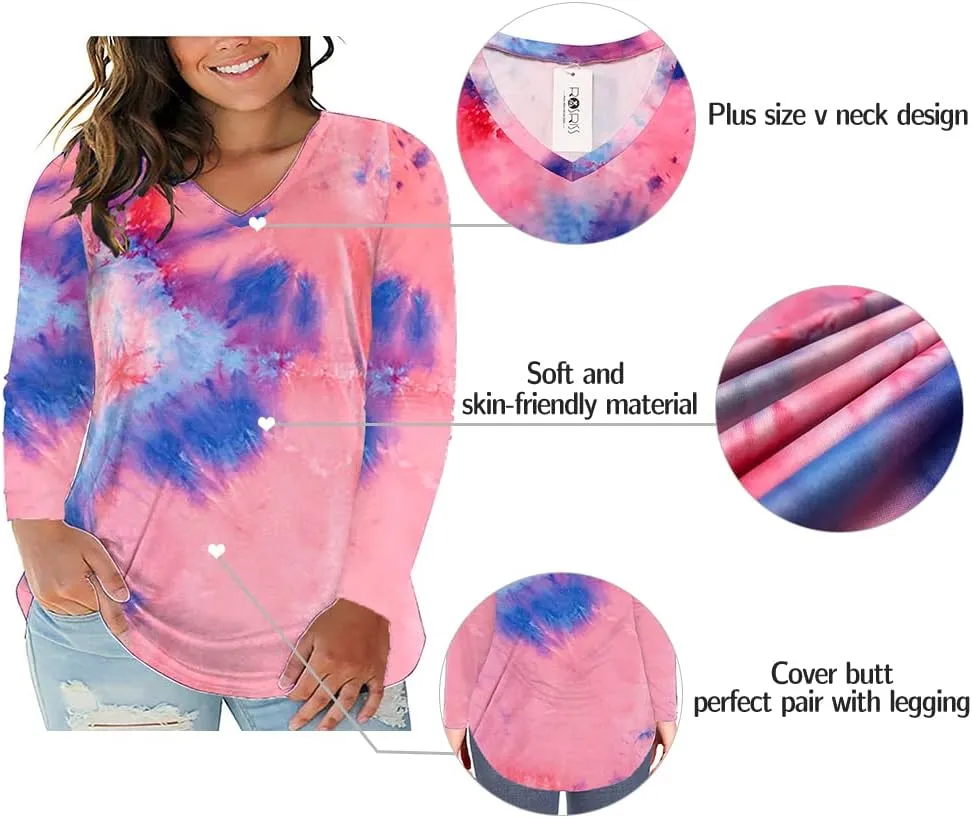 ROSRISS Plus Size Tops for Women Long Sleeve Tees V Neck Tunics Solid Color Blouse T Shirts