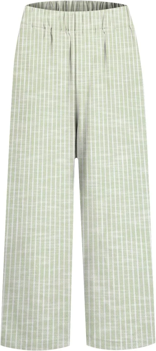 Striped Linen Pants for Women Plus Size Elastic Waist Straight Leg Cropped Trousers Summer Casual Beach Vacation Clothes