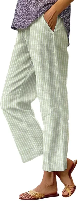 Striped Linen Pants for Women Plus Size Elastic Waist Straight Leg Cropped Trousers Summer Casual Beach Vacation Clothes