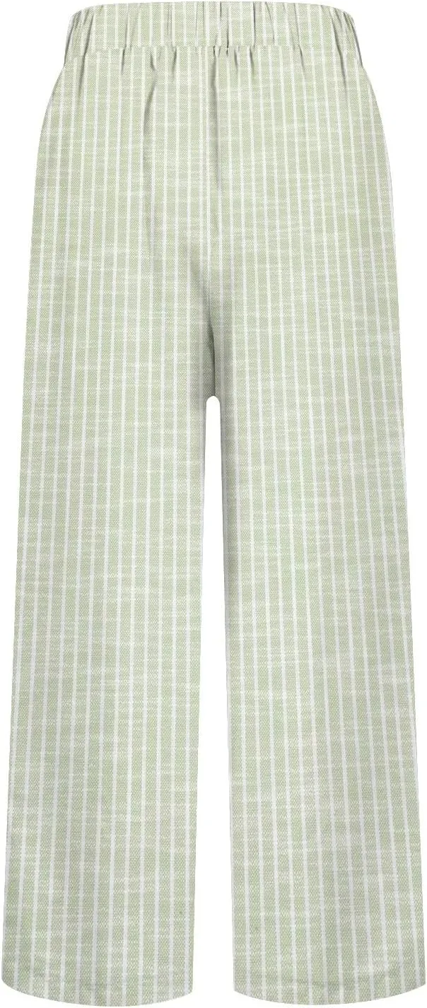 Striped Linen Pants for Women Plus Size Elastic Waist Straight Leg Cropped Trousers Summer Casual Beach Vacation Clothes