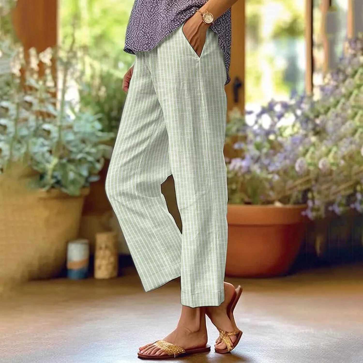 Striped Linen Pants for Women Plus Size Elastic Waist Straight Leg Cropped Trousers Summer Casual Beach Vacation Clothes