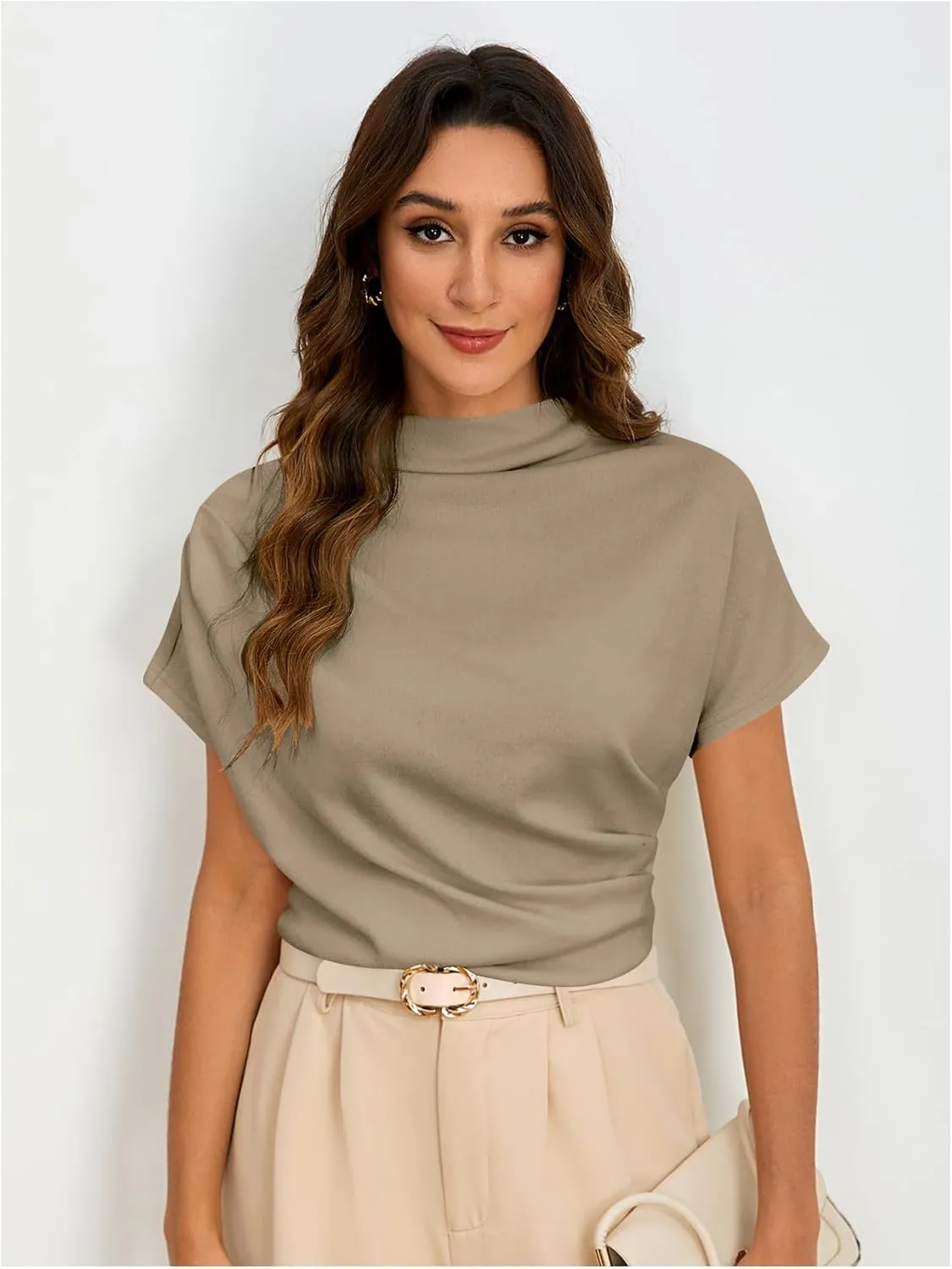 SweatyRocks Women's Casual Short Sleeve Mock Neck Tee Top Asymmetric Ruched Plain T Shirt