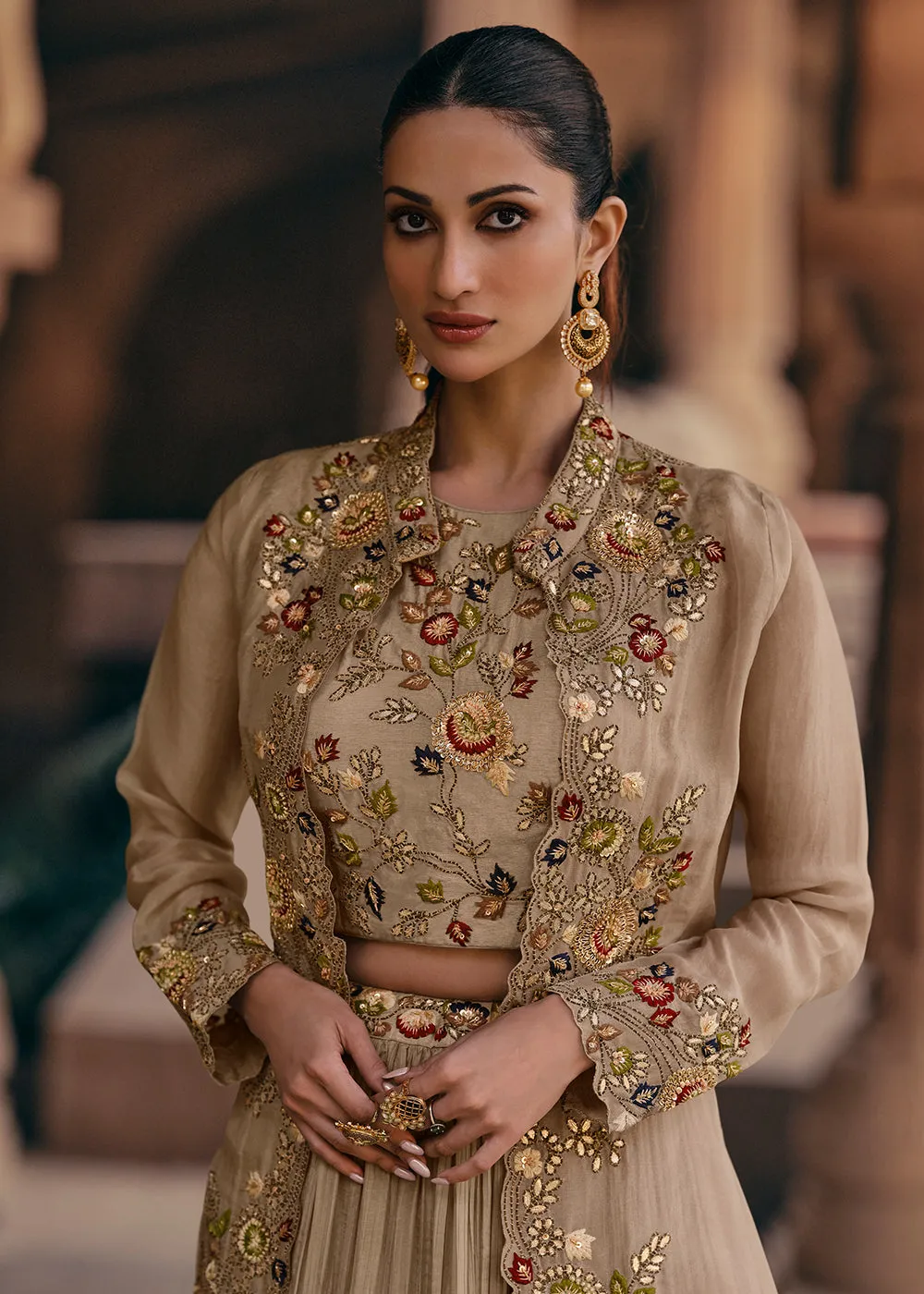 Tempting Beige Embroidered Designer Indo Western Dress