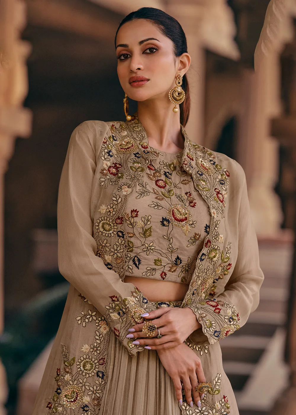 Tempting Beige Embroidered Designer Indo Western Dress